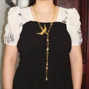 Gold Bird Pendant Rhinestone Hook Chain length Bird Charm Keyhole Necklace